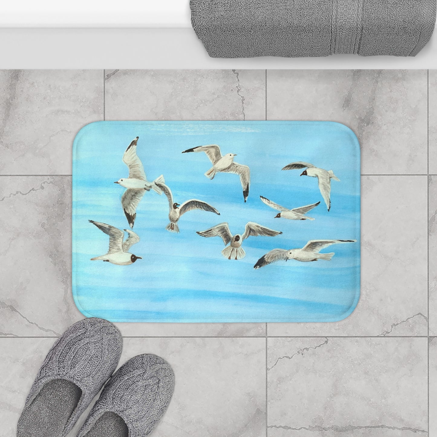 Coastal bath mat Flying Seagulls | Handpainted design