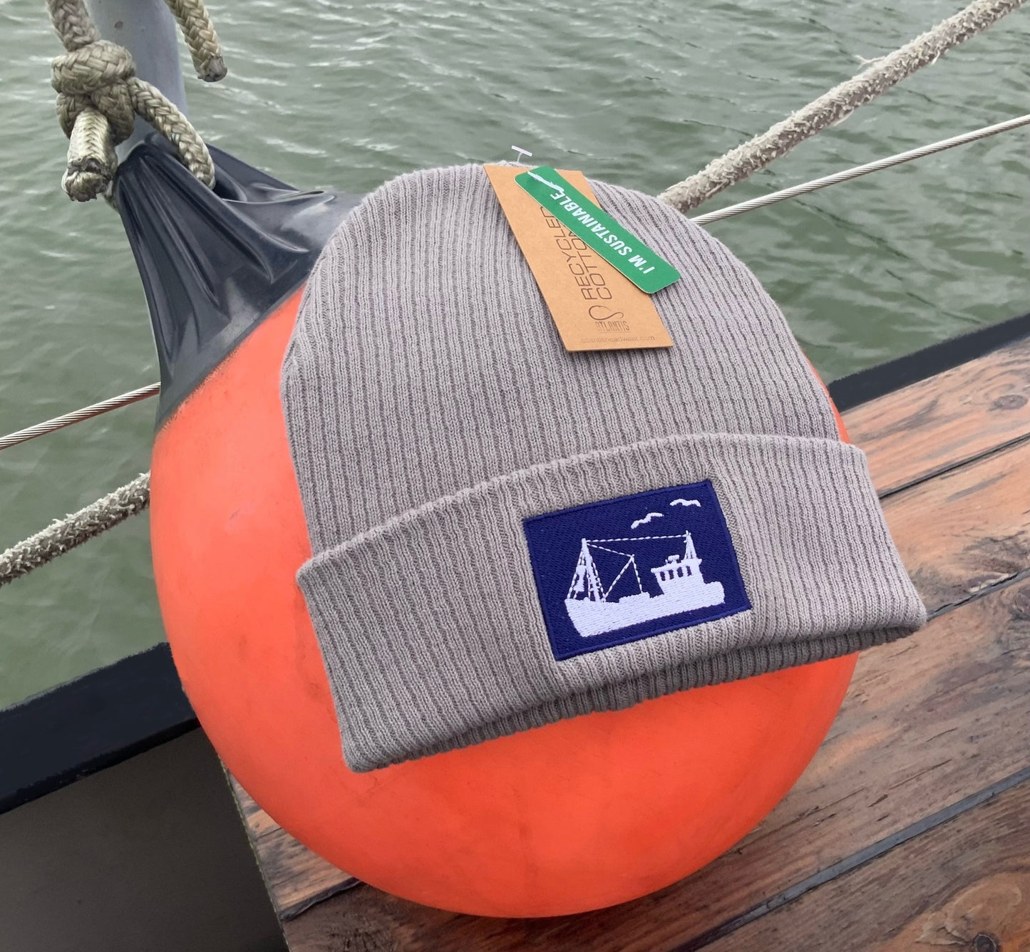 Seawork beanie with a fishing boat